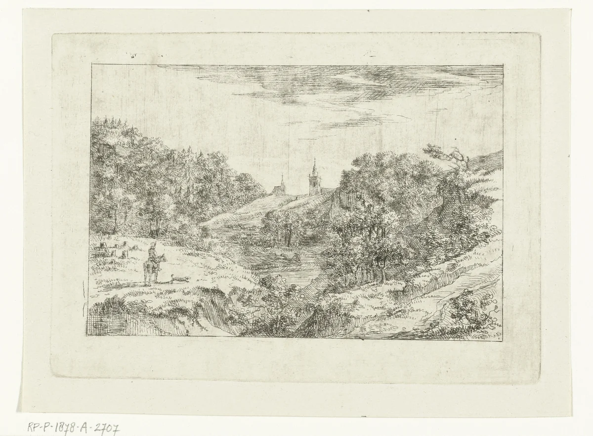 Duinlandschap met kerken en ruiter bij Scheveningen by Dirk Vis Blokhuyzen, print, 1809-1869