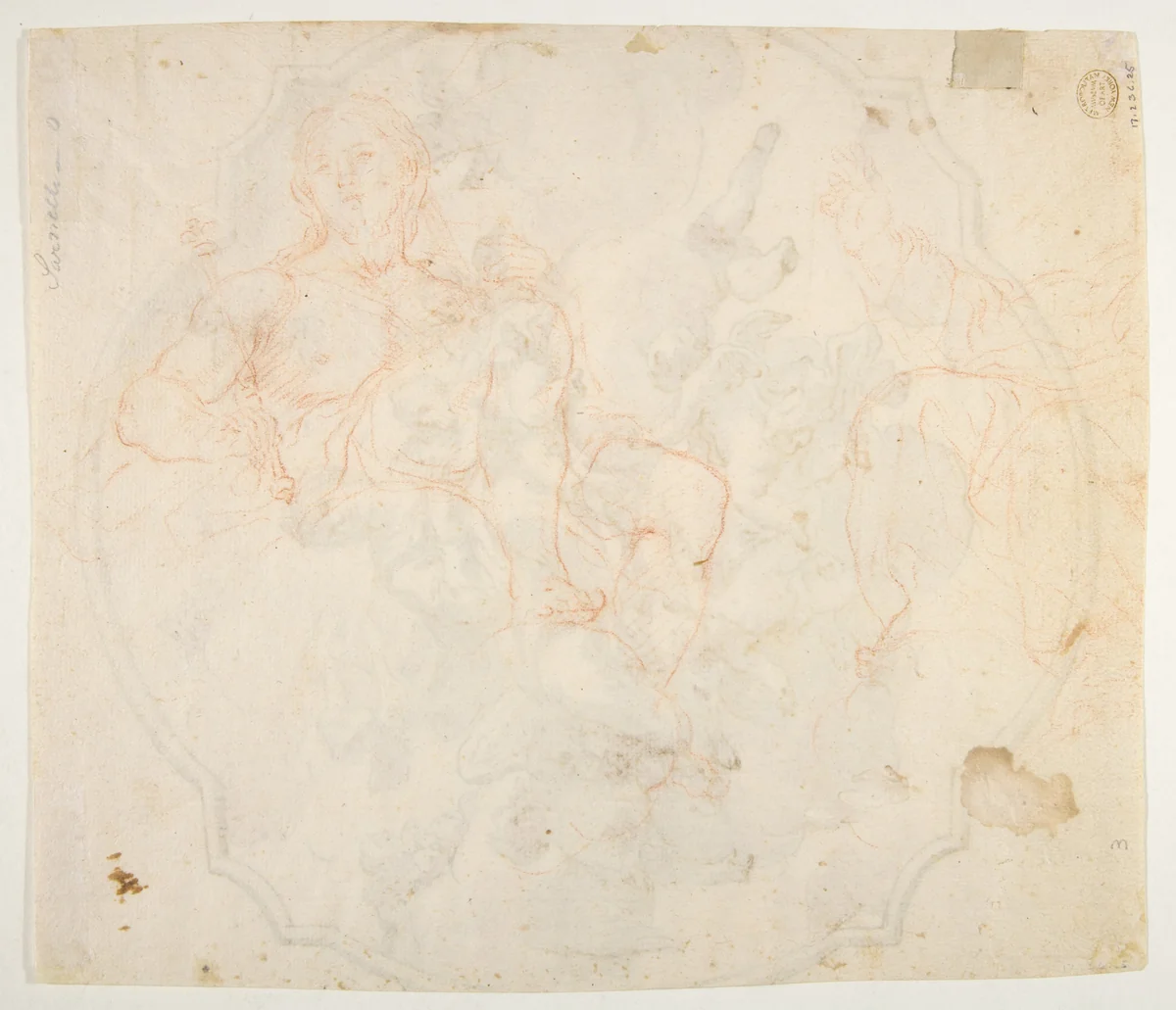 The Virgin Nursing the Christ Child, in a Glory of Angels (recto); Studies for seated figures of Christ and God the Father in red chalk (verso) by Nicola Maria Rossi, drawing, 1690-1758