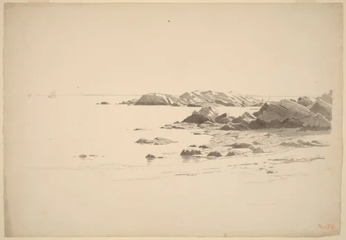 Rocklined Beach with Distant Boats by William Stanley Haseltine, drawing, 1860-1869