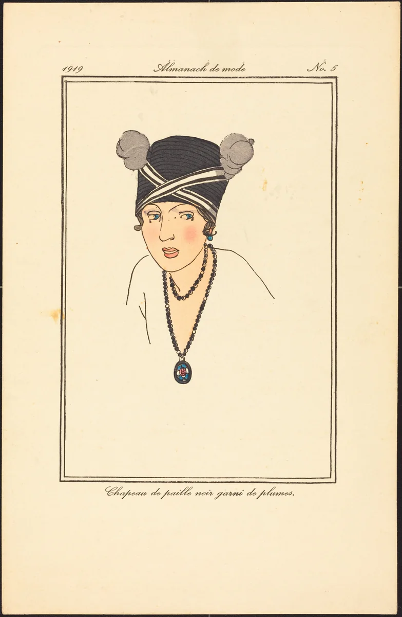 Chapeau de paille noir garni de plumes. by French 20th Century, print, 1919