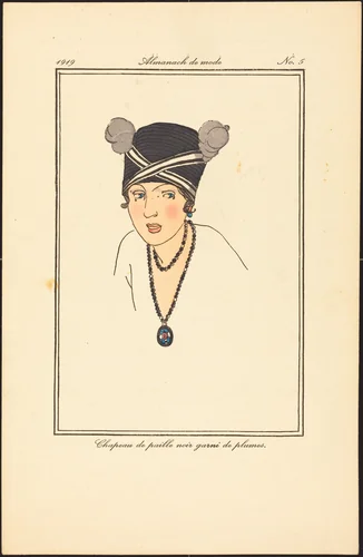 Chapeau de paille noir garni de plumes. by French 20th Century, print, 1919