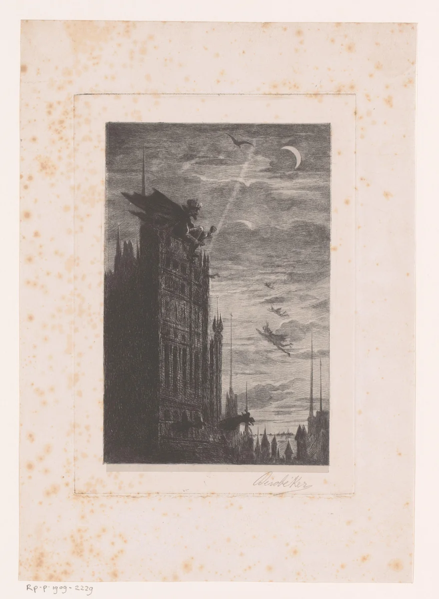 Nachtgezicht met kerktoren en duivels by Léon Becker, print, 1869