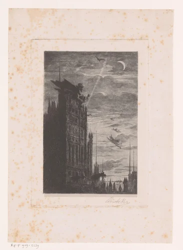 Nachtgezicht met kerktoren en duivels by Léon Becker, print, 1869