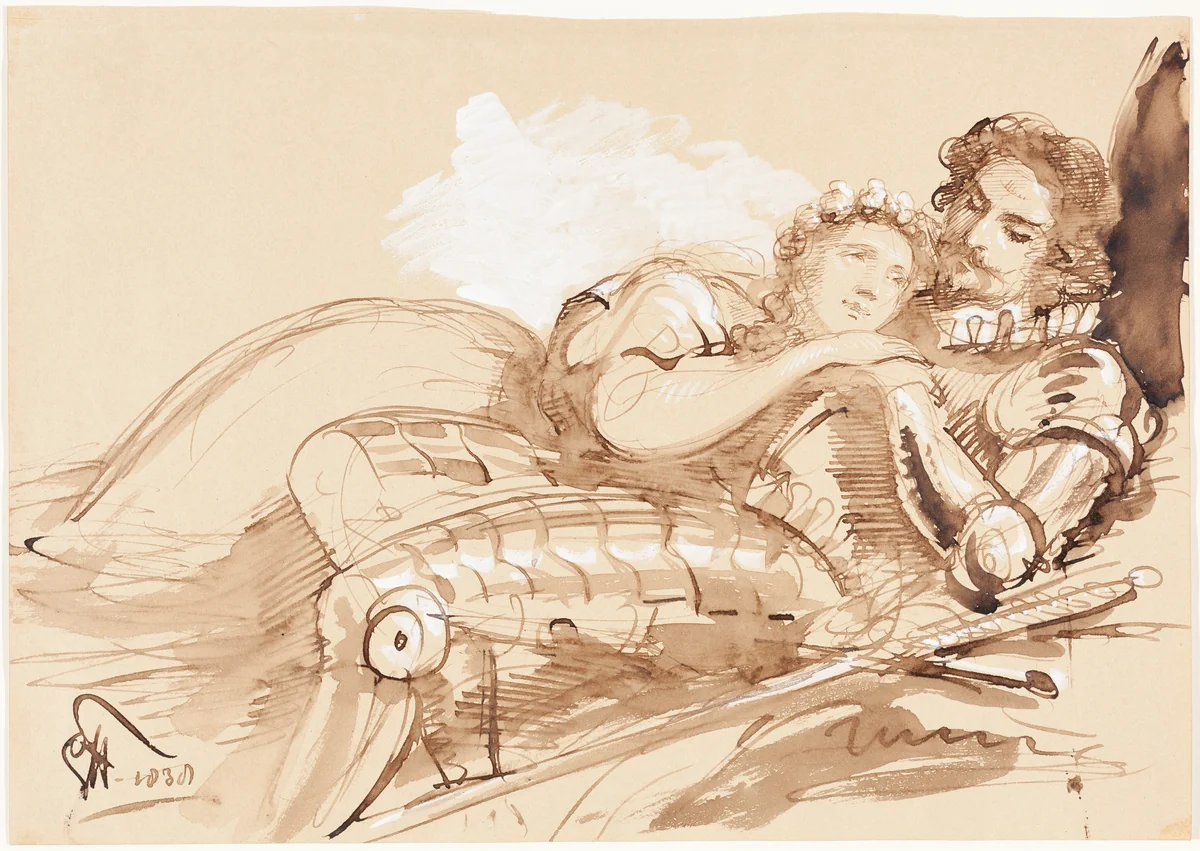 A Maiden Embraced by a Knight in Armor by George Hayter, drawing, 1838