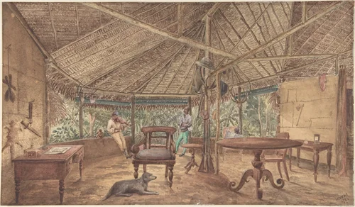European Men in an African Jungle Lodge by anonymous, drawing, 1886