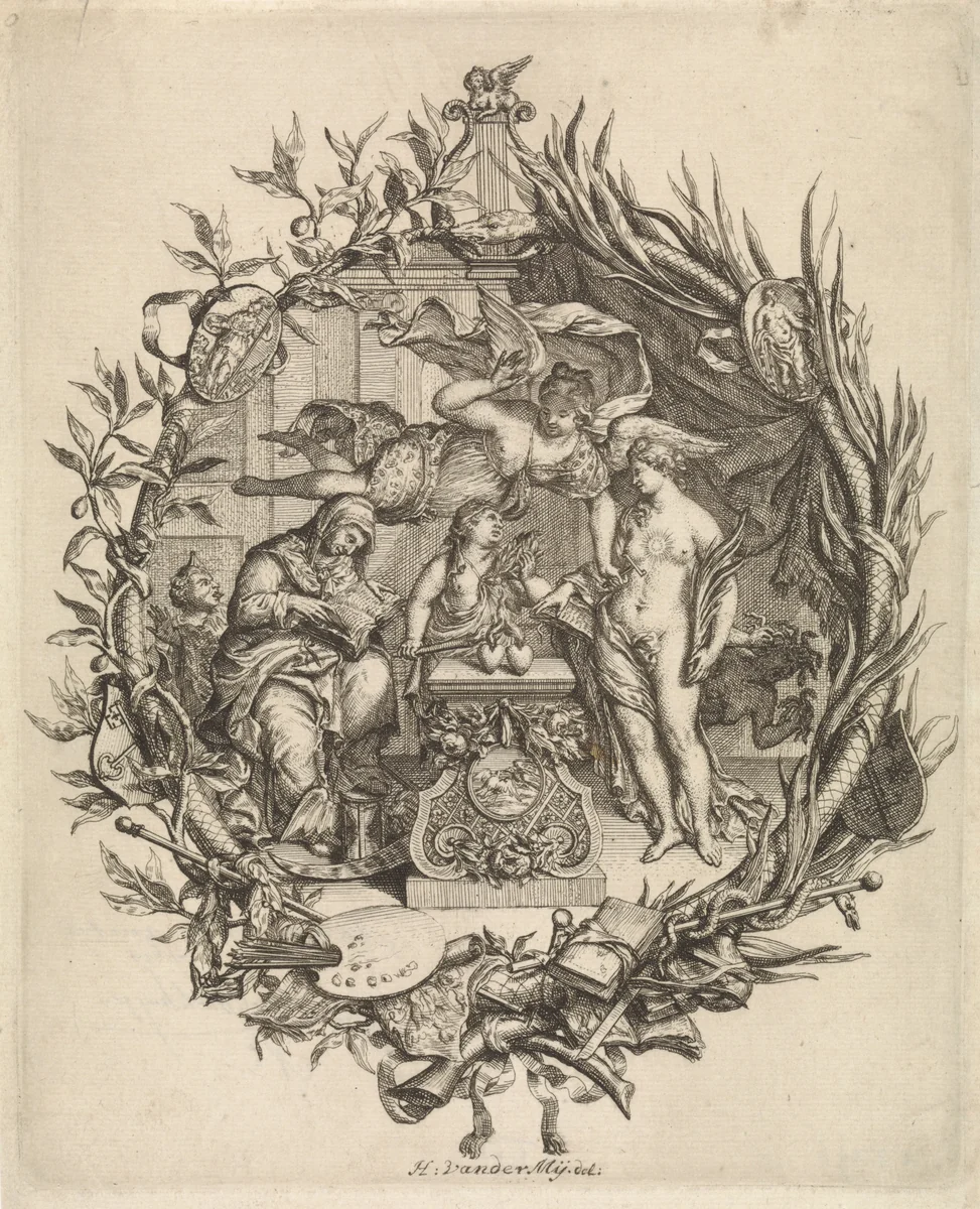 Allegorie op de kunsten by Hieronymus van der Mij, print, 1710-1761