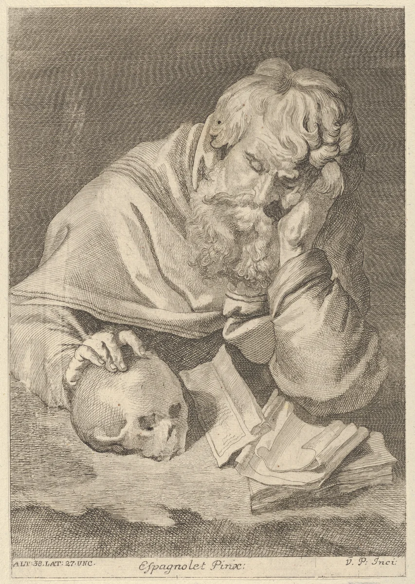 A saint seated at a table with his right hand resting on a skull, from a portfolio of reproductions of the Imperial Gallery of Paintings in Vienna; plate 33 of the series by Anton Joseph von Prenner, print, 1728
