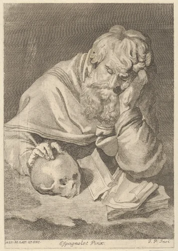 A saint seated at a table with his right hand resting on a skull, from a portfolio of reproductions of the Imperial Gallery of Paintings in Vienna; plate 33 of the series by Anton Joseph von Prenner, print, 1728