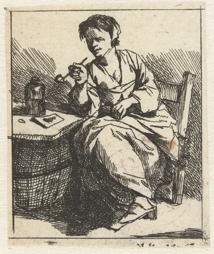 Jonge vrouw zittend met een pijp by Cornelis Pietersz. Bega, print, 1642-1664