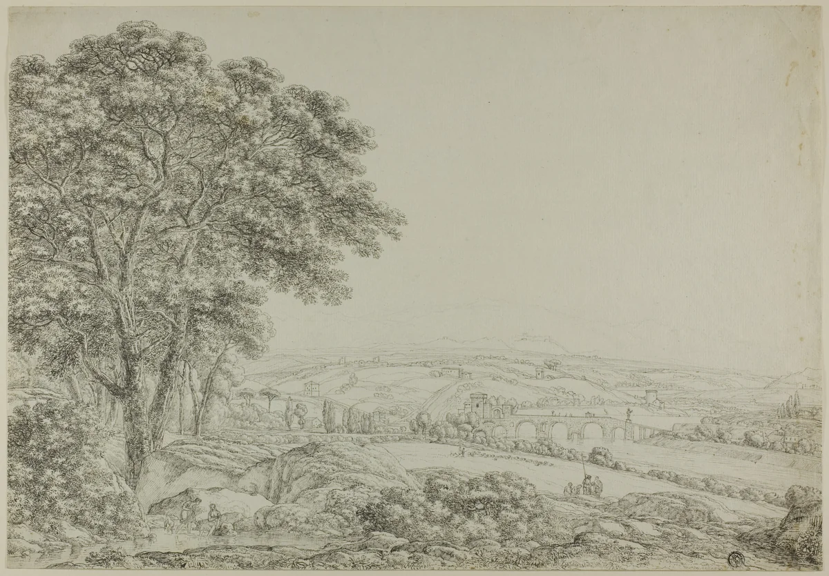 Wooded Pond with Bathing Figures, Vista of River Bridge, and Farms by Wilhelm von Kobell, drawing, 1786-1855