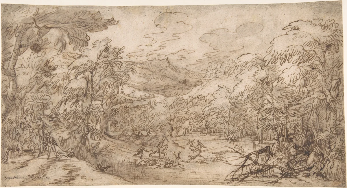 Wooded Landscape with Stag Hunt by Tobias Verhaecht, drawing, 1580-1631