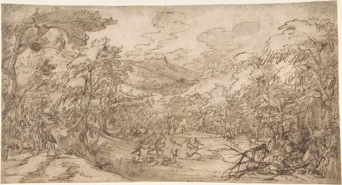 Wooded Landscape with Stag Hunt by Tobias Verhaecht, drawing, 1580-1631