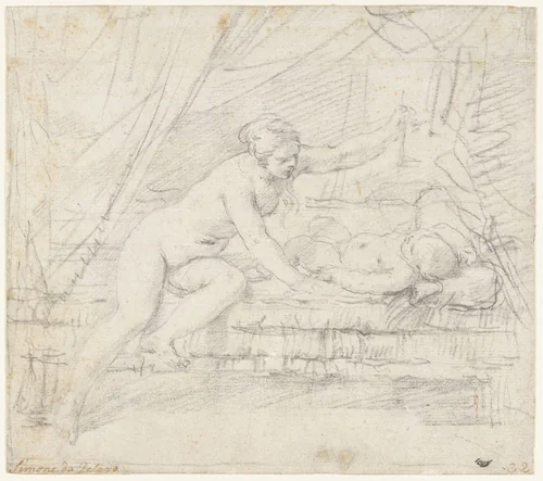 Psyche verlicht met haar lamp de slapende Amor by Simone Cantarini, drawing, 1640-1645