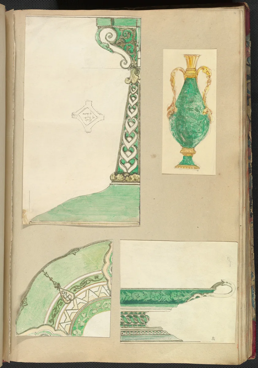 Designs for a Candlestick, Two Handled Vase, Decorated Plate and Footed Dish by Alfred Forrester, drawing, 1845-1855