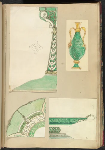 Designs for a Candlestick, Two Handled Vase, Decorated Plate and Footed Dish by Alfred Forrester, drawing, 1845-1855