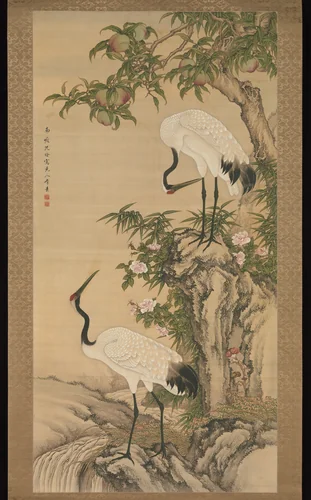 Cranes, peach tree, and China rose by Shen Quan (沈銓), painting, 1700-1799