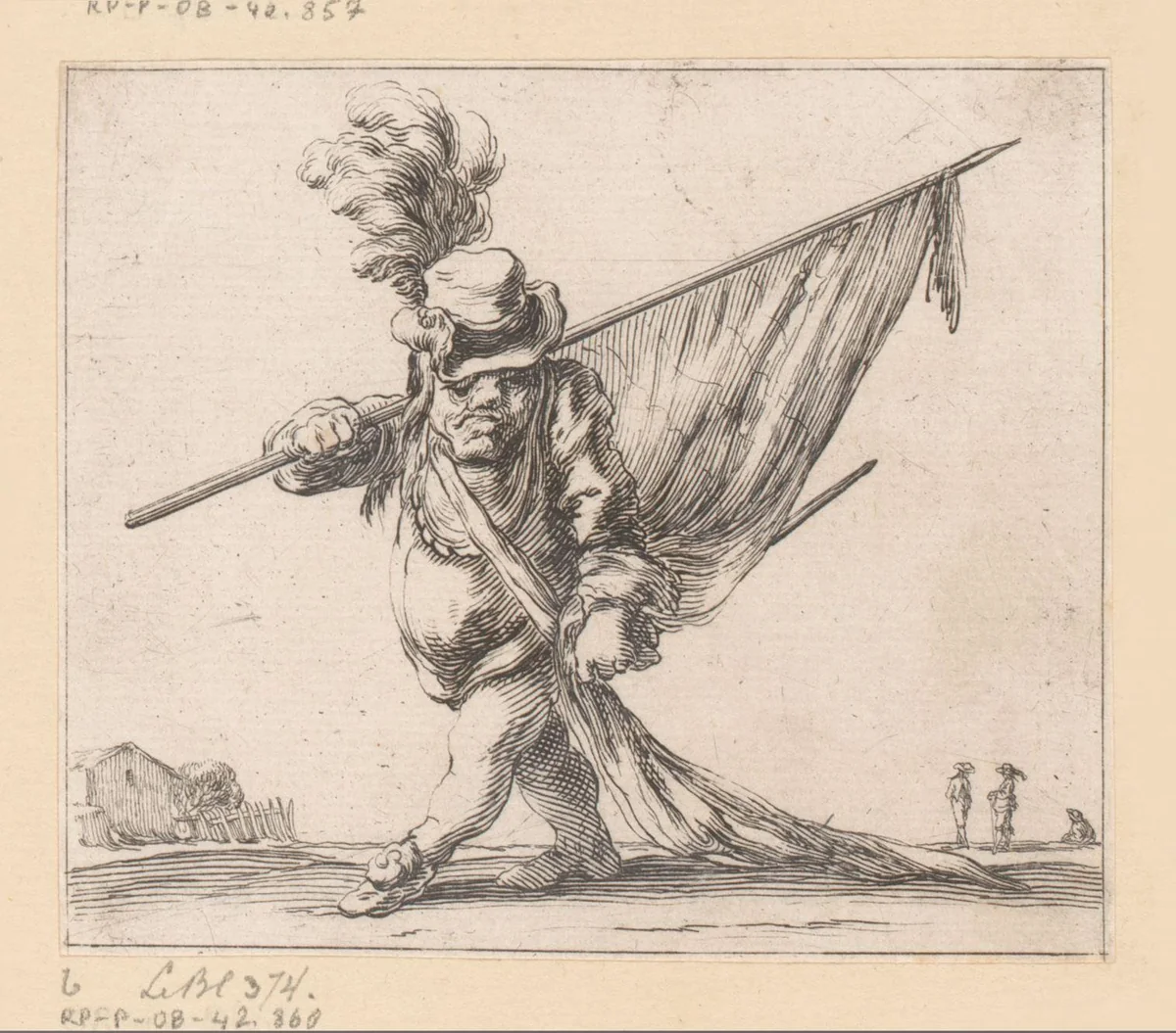 Karikatuur van een vaandeldragende man by François Collignon, print, 1620-1687