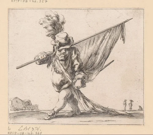 Karikatuur van een vaandeldragende man by François Collignon, print, 1620-1687