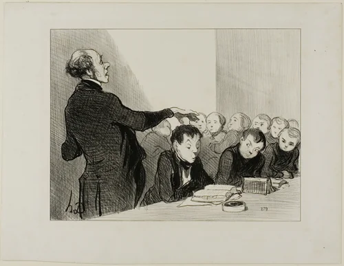 “You remember now that young Cabassol is far too good in translation that I would allow anyone in this class to molest him... he is under my immediate protection! At the final exams it is he who will hold up the honour of Bilboquet High school,” plate 32 from Professeurs Et Moutards by Honoré-Victorin Daumier, print, 1846