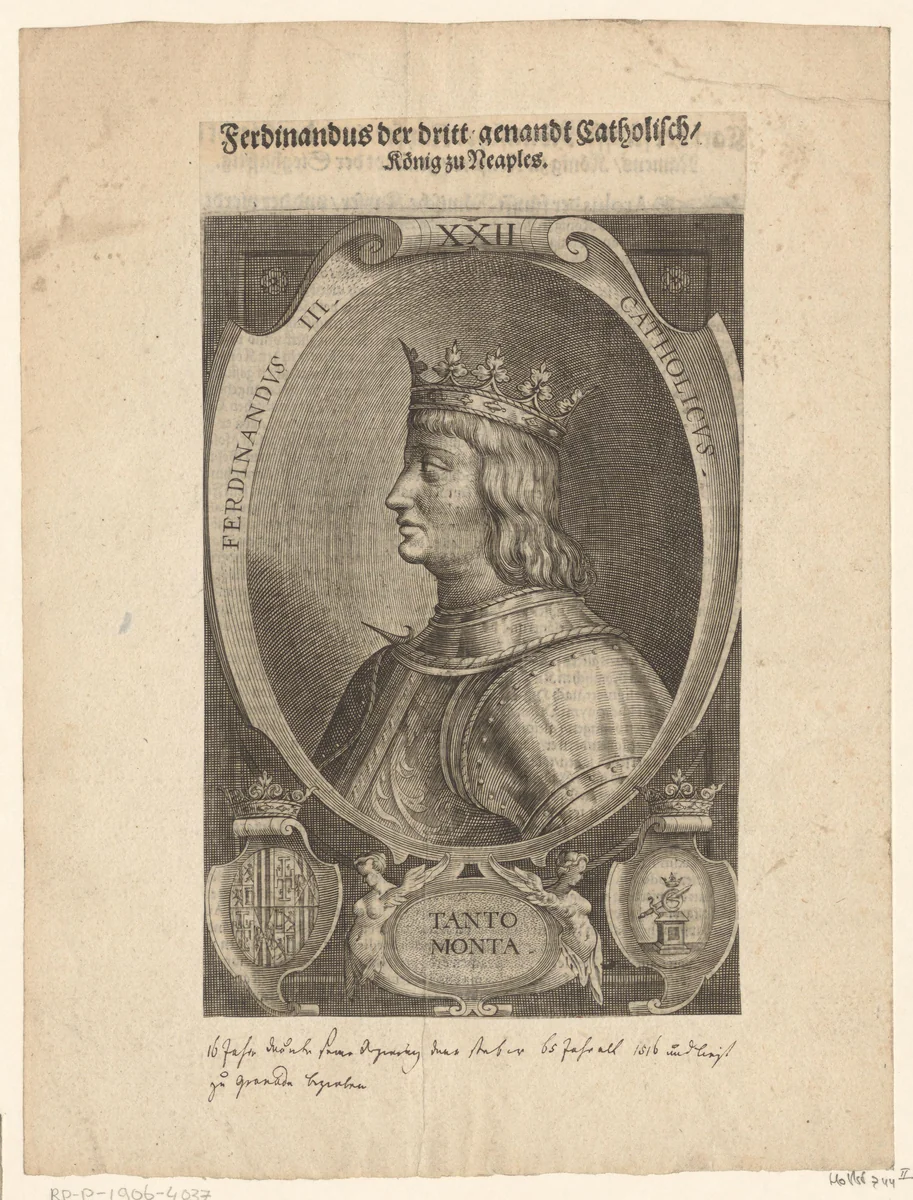 Portret van Ferdinand II van Aragon, koning van Napels by Lucas Kilian, print, 1589-1624