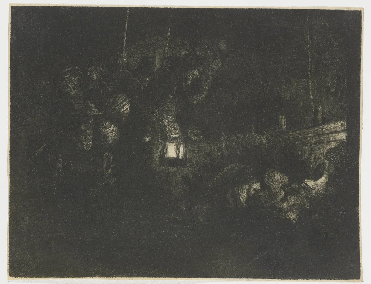 The adoration of the shepherds: a night piece by Rembrandt van Rijn, print, 1657