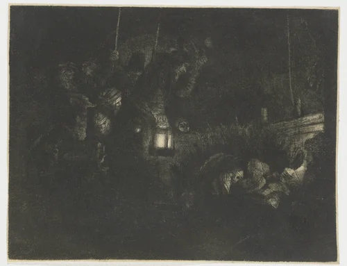 The adoration of the shepherds: a night piece by Rembrandt van Rijn, print, 1657