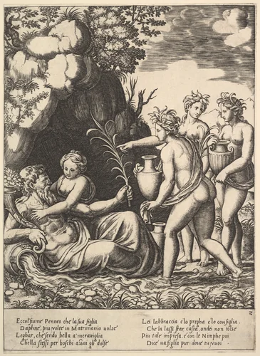 Daphne embracing her father, the river-god Peneus, at the left three nymphs bring jars from "Story of Apollo and Daphne" by Master of the Die, print, 1530-1560