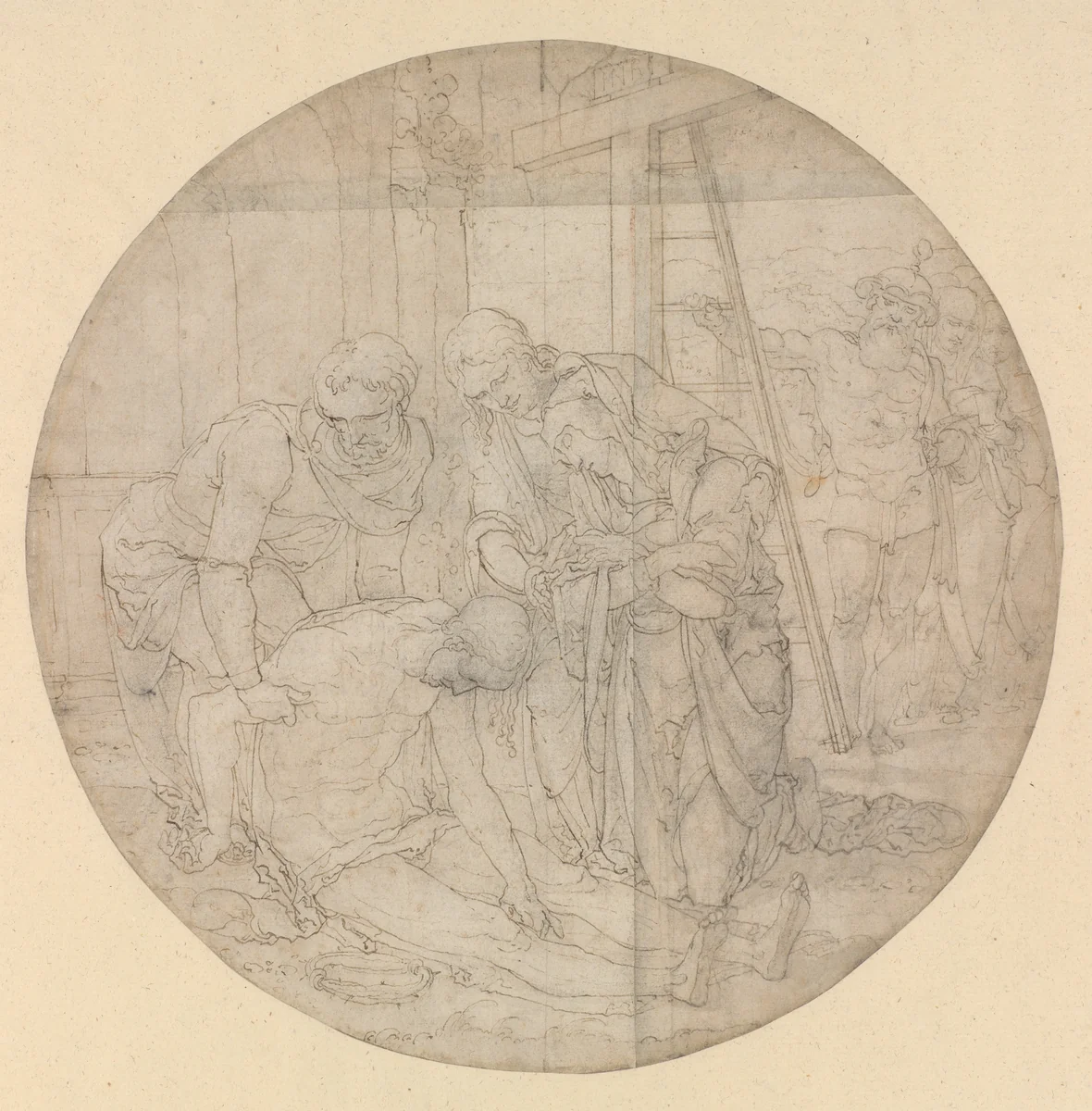 Christ at the Foot of the Cross, Mourned by Mary and John by Nicolaas Hogenberg, drawing, 1515-1539