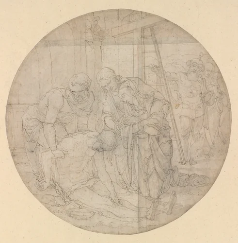 Christ at the Foot of the Cross, Mourned by Mary and John by Nicolaas Hogenberg, drawing, 1515-1539