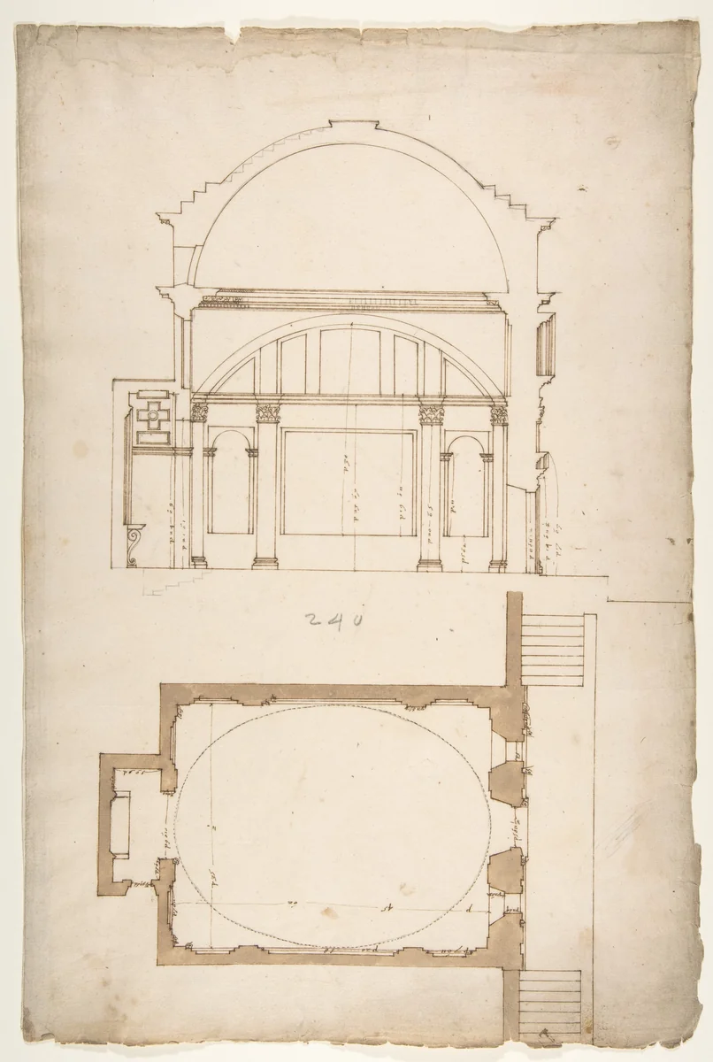 S. Andrea via Flaminia, plan; section (recto) blank (verso) by anonymous, drawing, 1500-1560