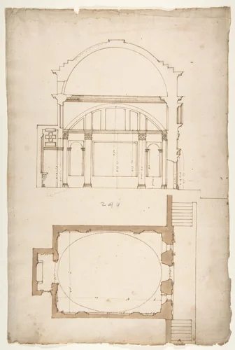 S. Andrea via Flaminia, plan; section (recto) blank (verso) by anonymous, drawing, 1500-1560