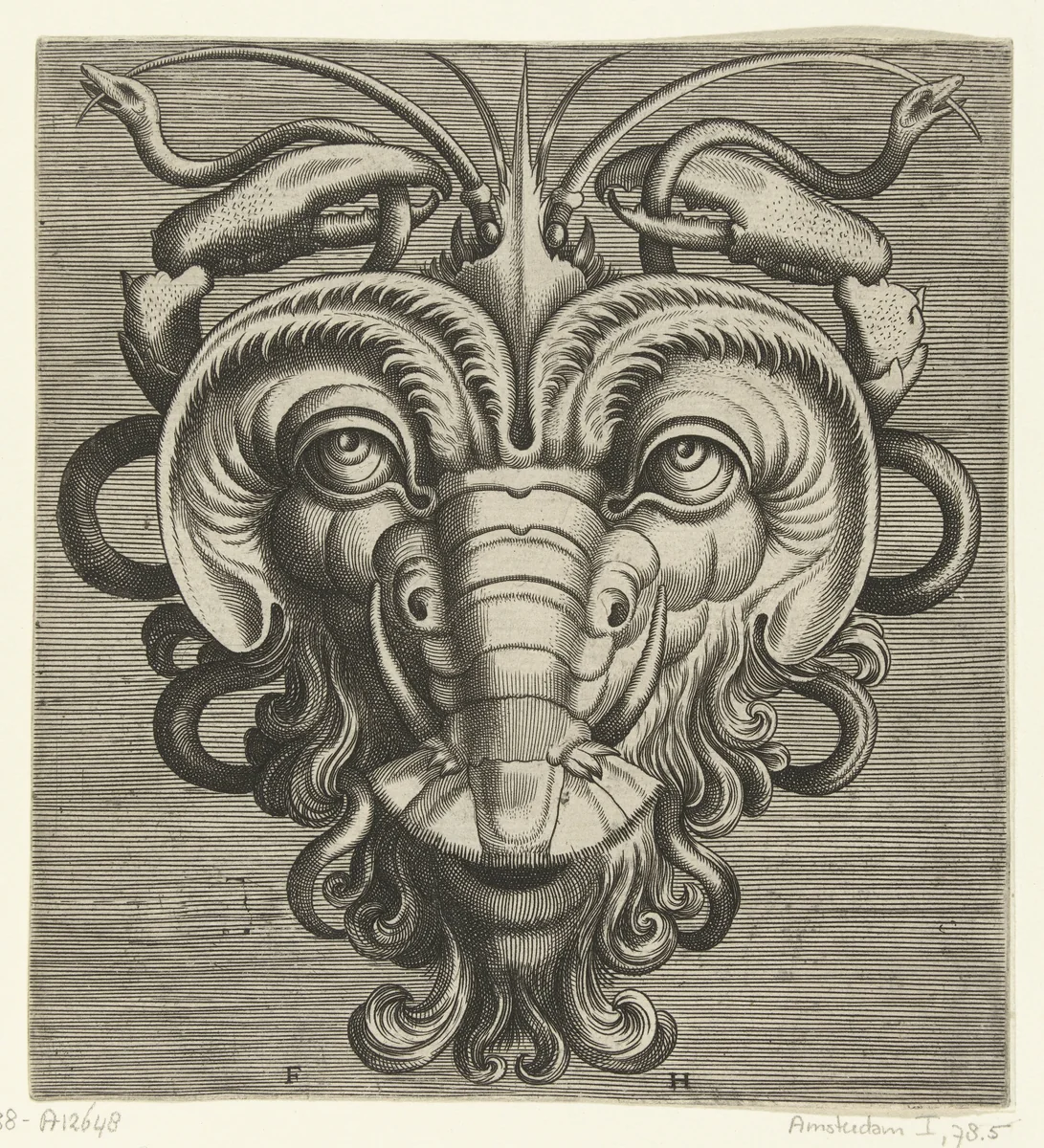 Masker met twee kreeftescharen die slangen vasthouden by Unknown, print, 1555