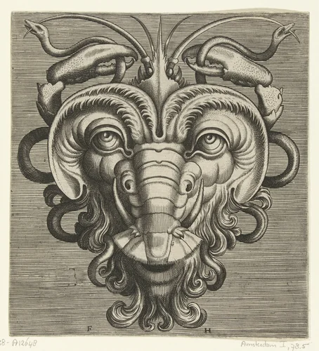 Masker met twee kreeftescharen die slangen vasthouden by Unknown, print, 1555