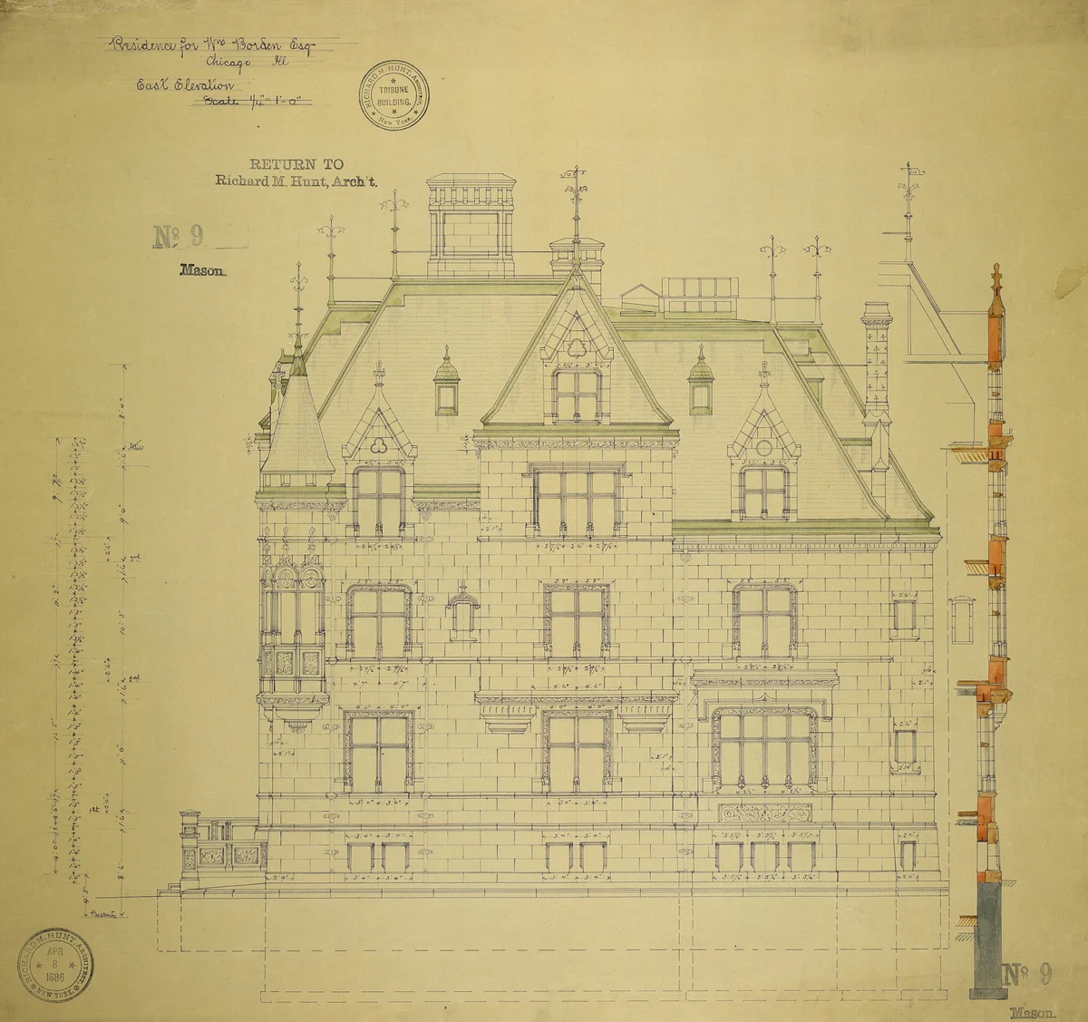 William Borden Residence, Chicago, Illinois, East Elevation by Richard Morris Hunt, drawing, 1886