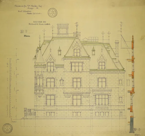 William Borden Residence, Chicago, Illinois, East Elevation by Richard Morris Hunt, drawing, 1886