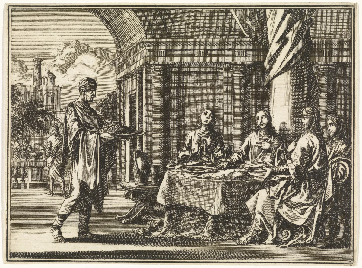 Daniël en zijn drie vrienden worden met eenvoudige spijzen gevoed by Jan Luyken, print, 1712