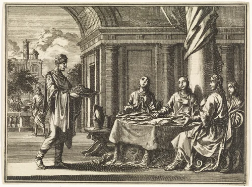Daniël en zijn drie vrienden worden met eenvoudige spijzen gevoed by Jan Luyken, print, 1712