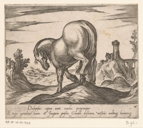 Paard een heuveltje aflopend van achteren gezien by Unknown, print, 1590