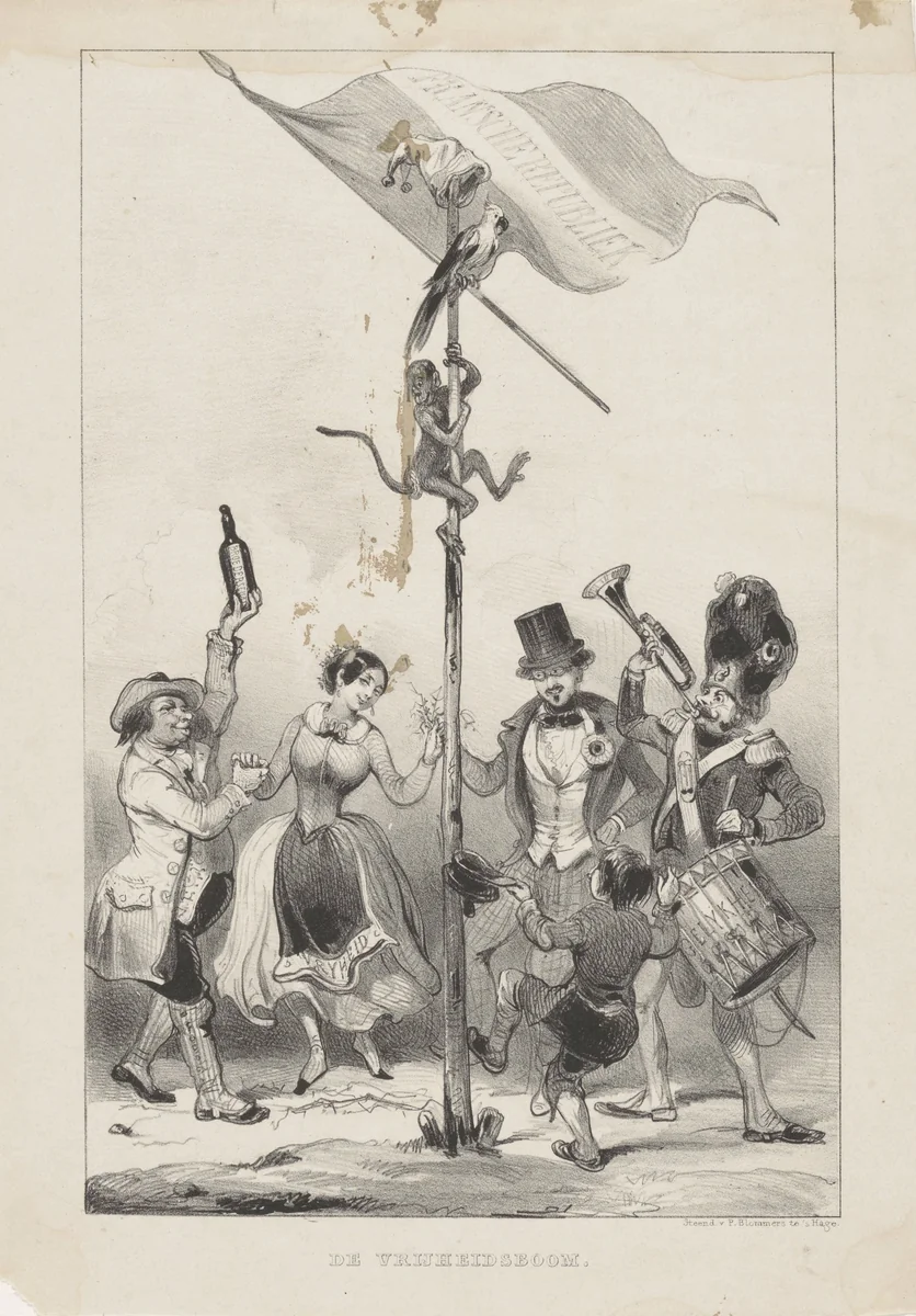 Vrijheidsboom met aap en kaketoe by anonymous, print, 1842-1887