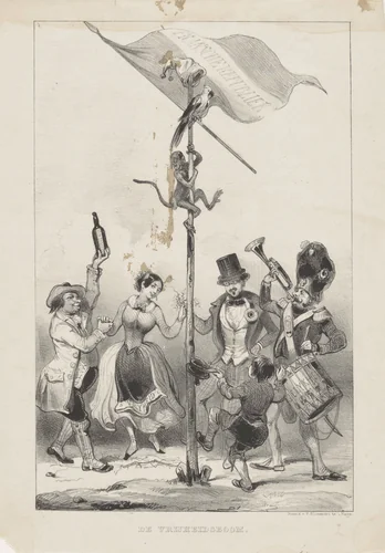 Vrijheidsboom met aap en kaketoe by anonymous, print, 1842-1887