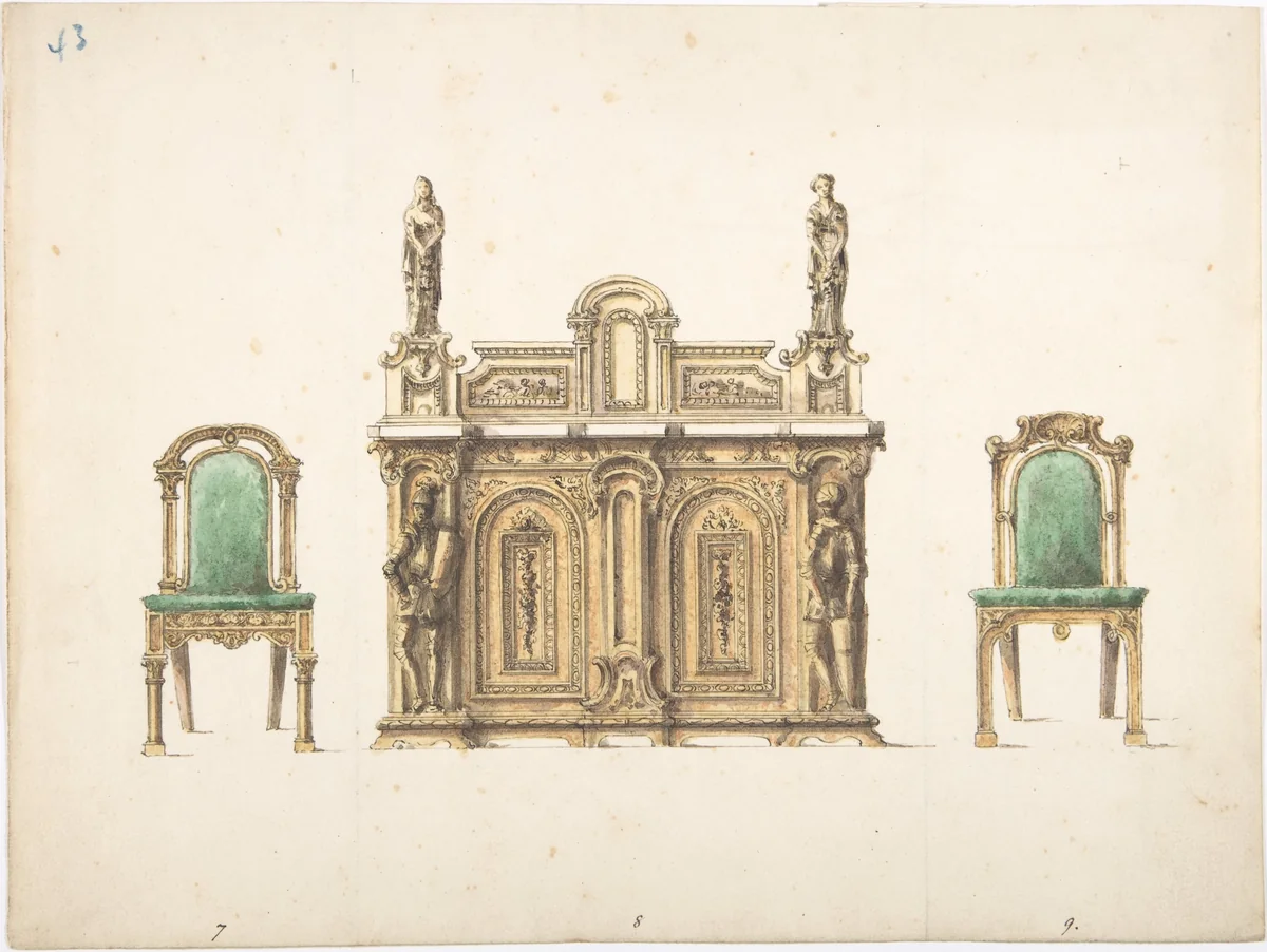 Design for Cabinet Ornamented with Carved Knights and Ladies, and Two Chairs by anonymous, drawing, 1800-1850