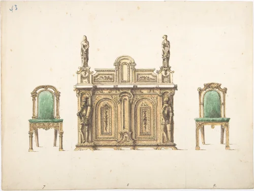 Design for Cabinet Ornamented with Carved Knights and Ladies, and Two Chairs by anonymous, drawing, 1800-1850
