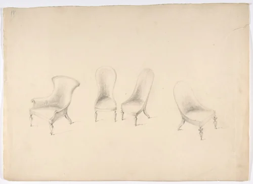 Design for Four Uphostered Chairs on Casters, One with Arms by anonymous, drawing, 1800-1850