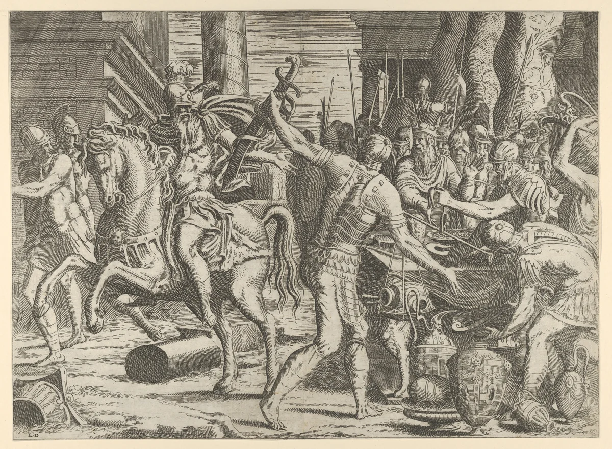 Brennus throwing his sword on the scales before Camillus by Léon Davent, print, 1540-1556