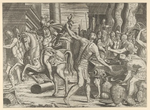 Brennus throwing his sword on the scales before Camillus by Léon Davent, print, 1540-1556