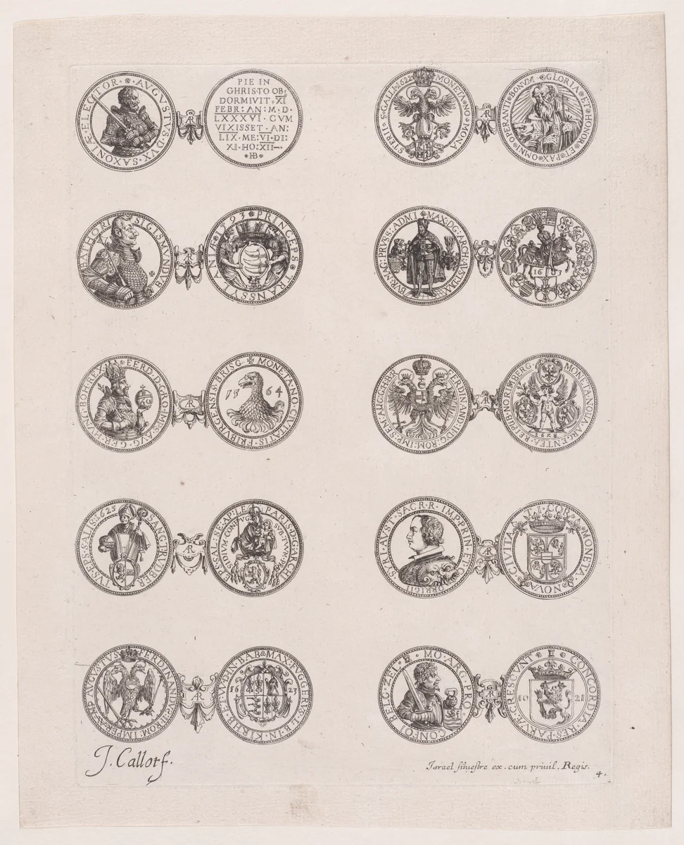 Plate 4, Featuring 10 Coins Issued by European Princes in the 16th and 17th centuries, from "Les Monnaies" (The Currencies) by Jacques Callot, print, 1625-1635