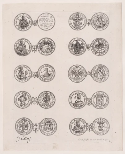 Plate 4, Featuring 10 Coins Issued by European Princes in the 16th and 17th centuries, from "Les Monnaies" (The Currencies) by Jacques Callot, print, 1625-1635