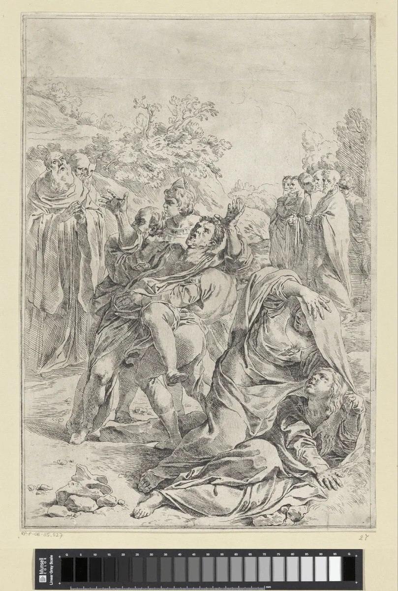 Heilige Benedictus drijft een demon uit by Simone Cantarini, print, 1622-1648