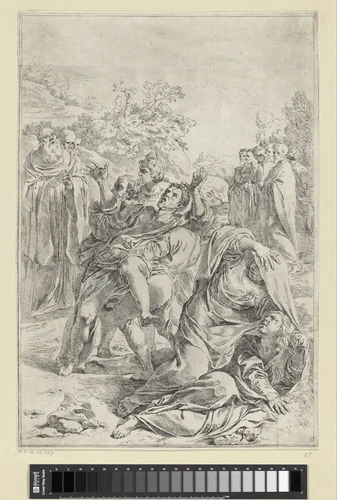 Heilige Benedictus drijft een demon uit by Simone Cantarini, print, 1622-1648