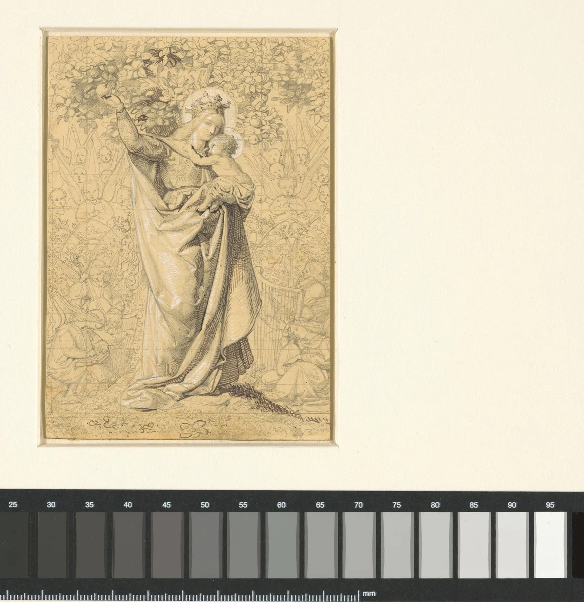 Maria met het Kind, staande onder een appelboom, temidden van musicerende engelen by Friedrich Franz Maria Stummel, drawing, 1860-1919